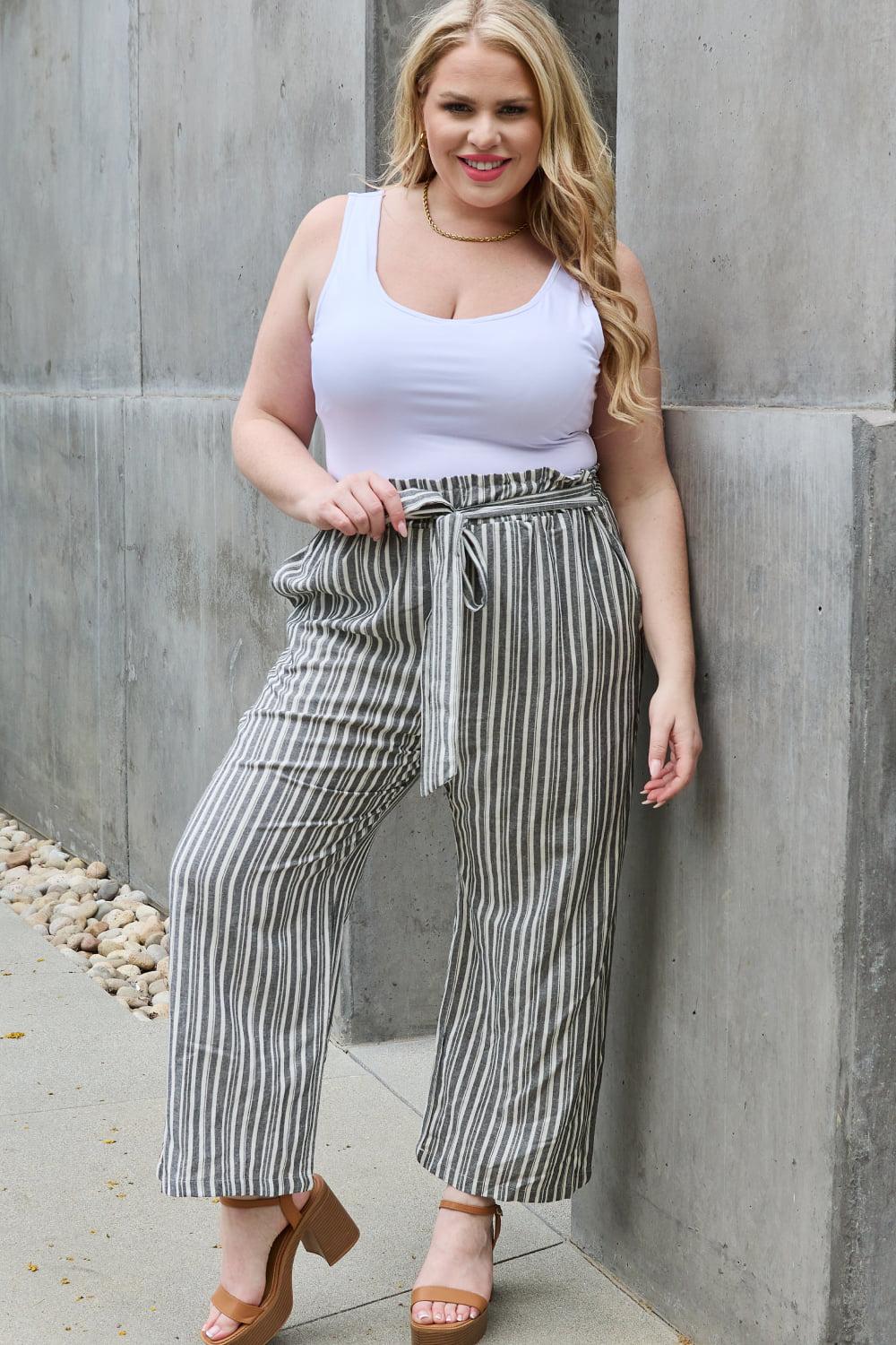 Heimish Find Your Path Full Size Paperbag Waist Striped Culotte Pants BLUE ZONE PLANET