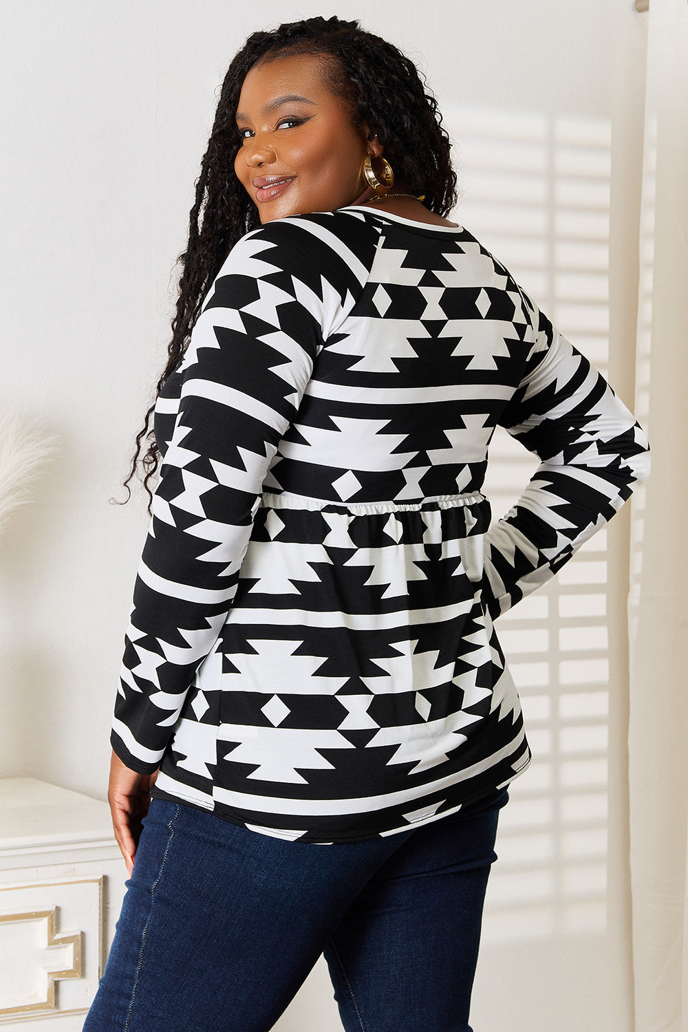 Heimish Full Size Geometric Notched Neck Long Sleeve Top BLUE ZONE PLANET