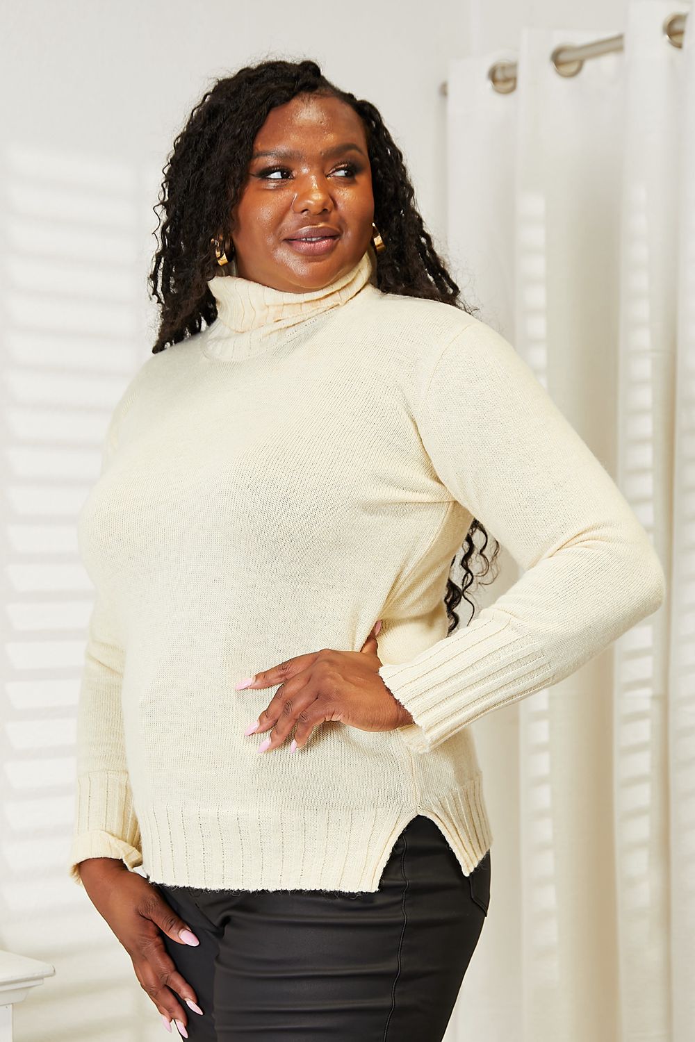 Heimish Full Size Long Sleeve Turtleneck Sweater with Side Slit BLUE ZONE PLANET