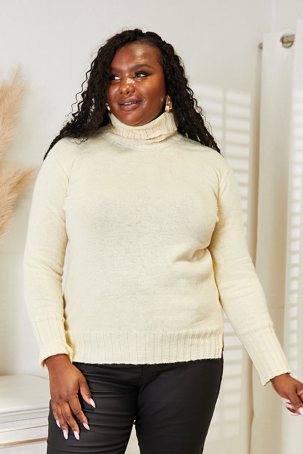 Heimish Full Size Long Sleeve Turtleneck Sweater with Side Slit BLUE ZONE PLANET