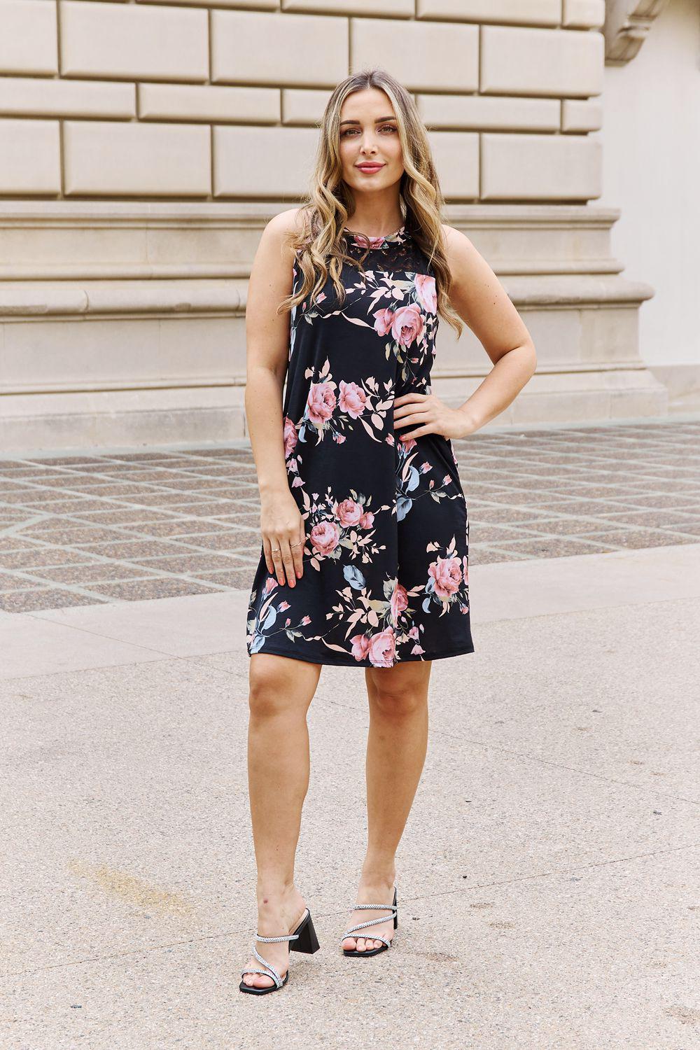 Heimish On A Journey Full Size Foral Lace Detail Sleeveless Dress BLUE ZONE PLANET