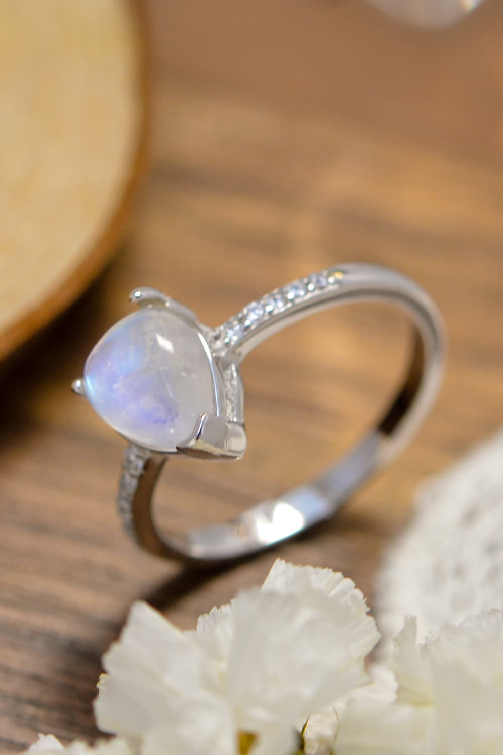 High Quality Natural Moonstone Teardrop Side Stone Ring BLUE ZONE PLANET