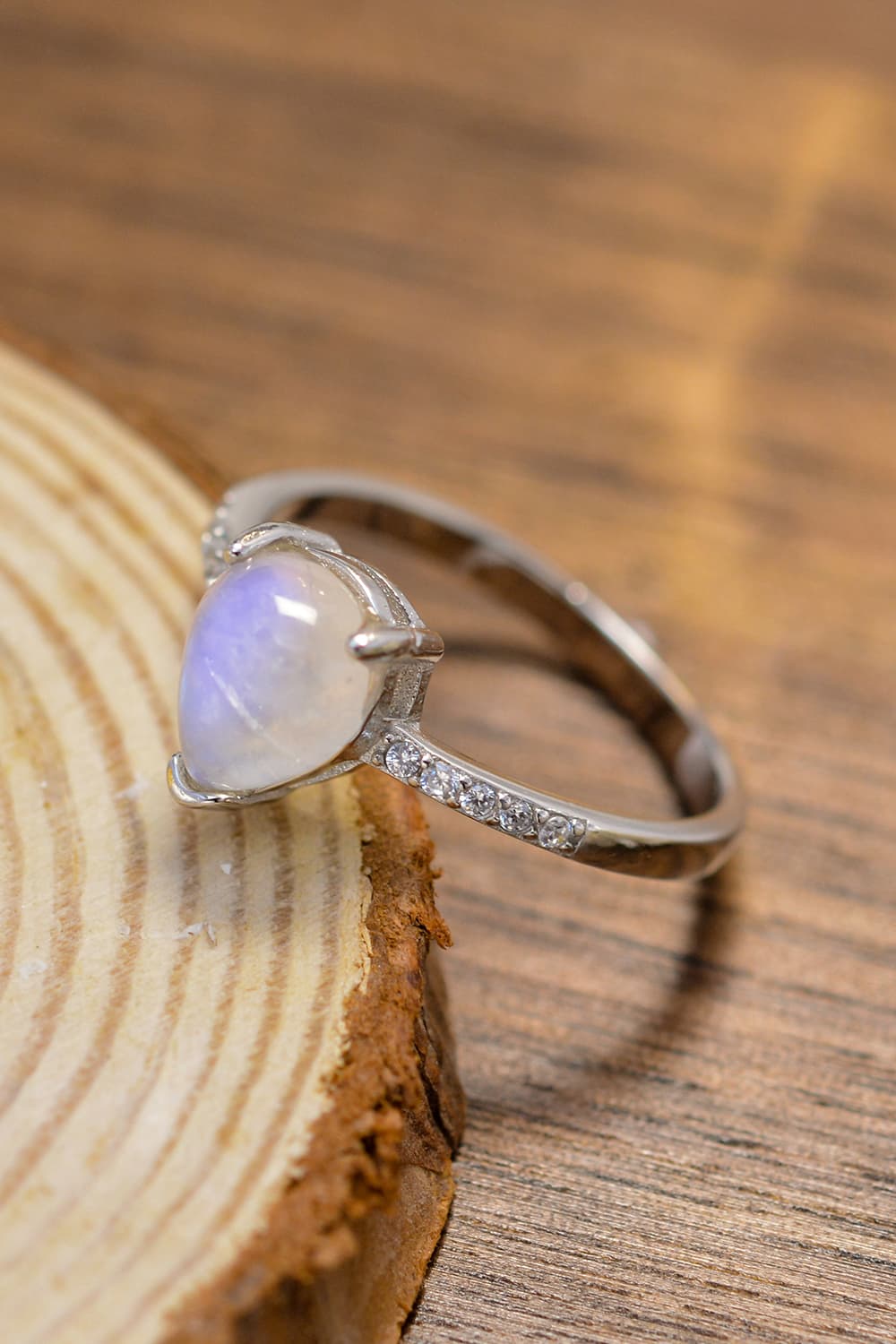 High Quality Natural Moonstone Teardrop Side Stone Ring BLUE ZONE PLANET