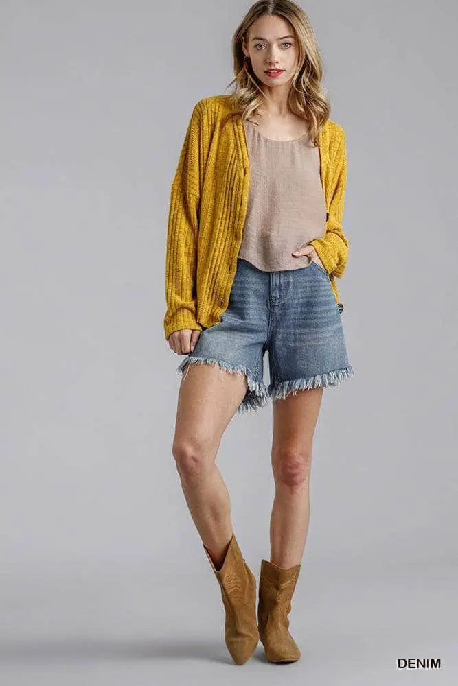High Rise Denim Shorts With Raw Hem Blue Zone Planet