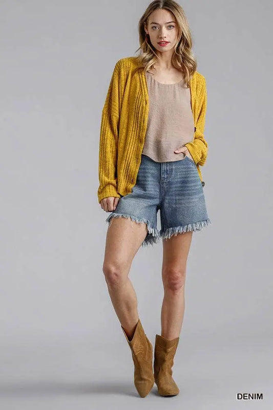 High Rise Denim Shorts With Raw Hem Blue Zone Planet