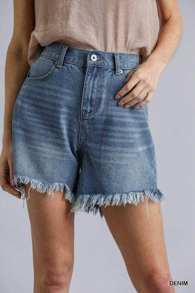 High Rise Denim Shorts With Raw Hem Blue Zone Planet