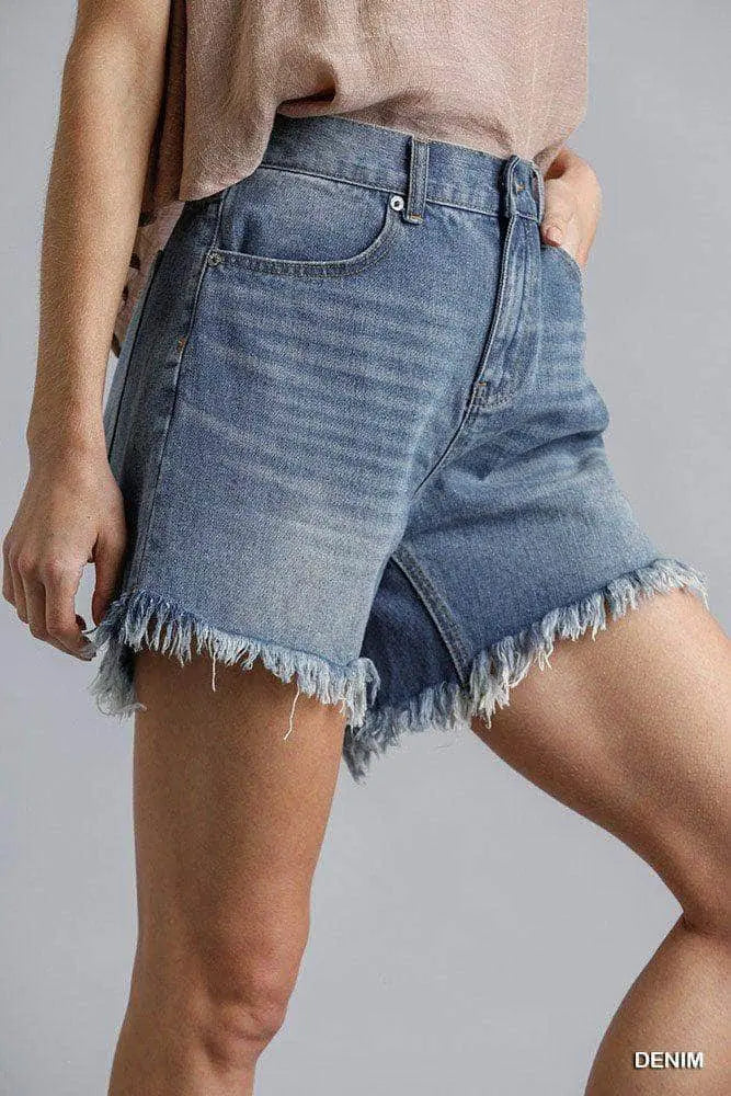 High Rise Denim Shorts With Raw Hem Blue Zone Planet
