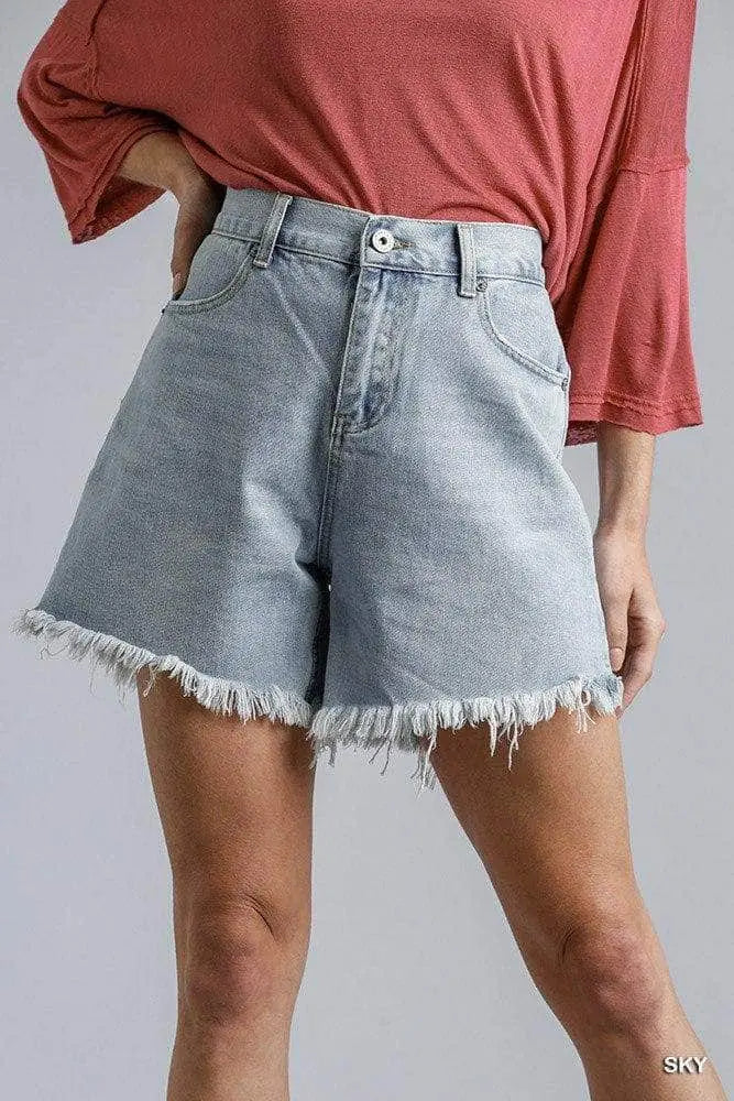 High Rise Denim Shorts With Raw Hem Blue Zone Planet