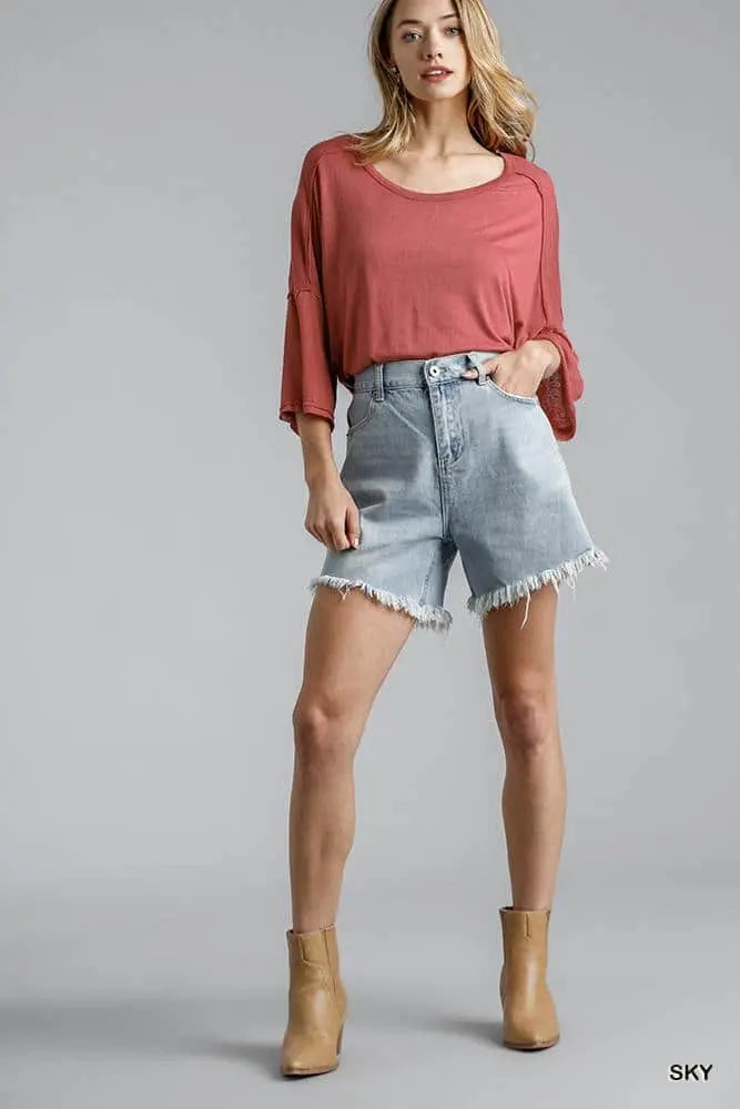 High Rise Denim Shorts With Raw Hem Blue Zone Planet