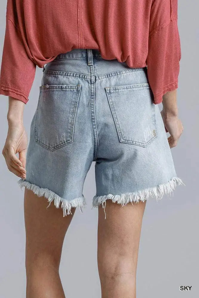 High Rise Denim Shorts With Raw Hem Blue Zone Planet