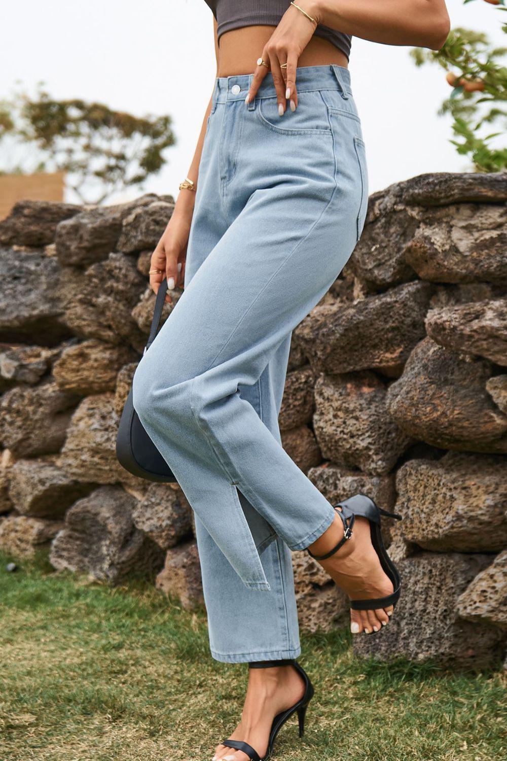 High Waist Loose Fit Ankle Slit Jeans BLUE ZONE PLANET