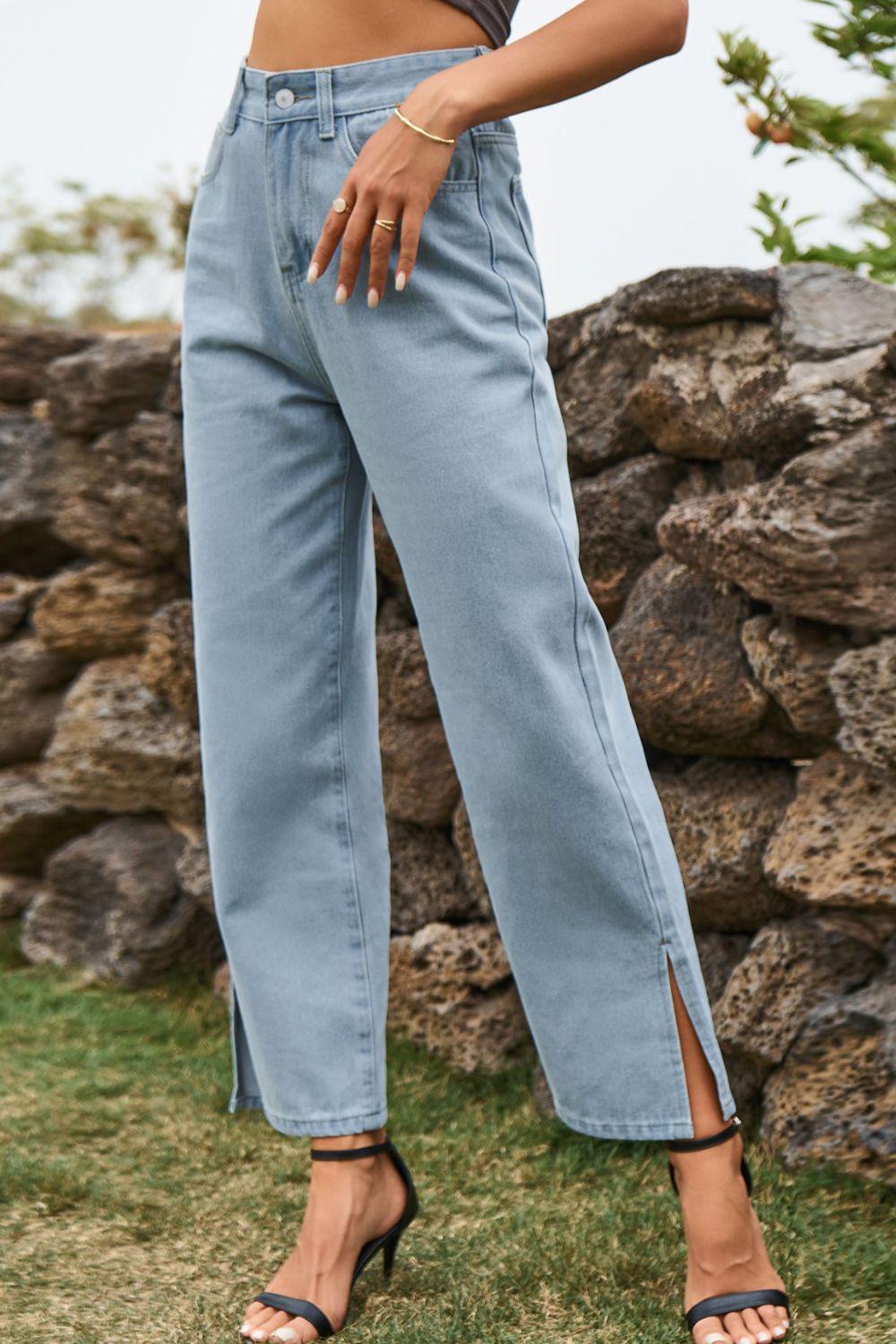 High Waist Loose Fit Ankle Slit Jeans BLUE ZONE PLANET