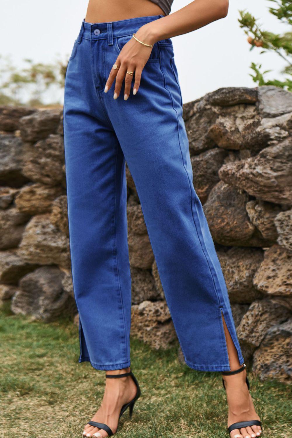 High Waist Loose Fit Ankle Slit Jeans BLUE ZONE PLANET