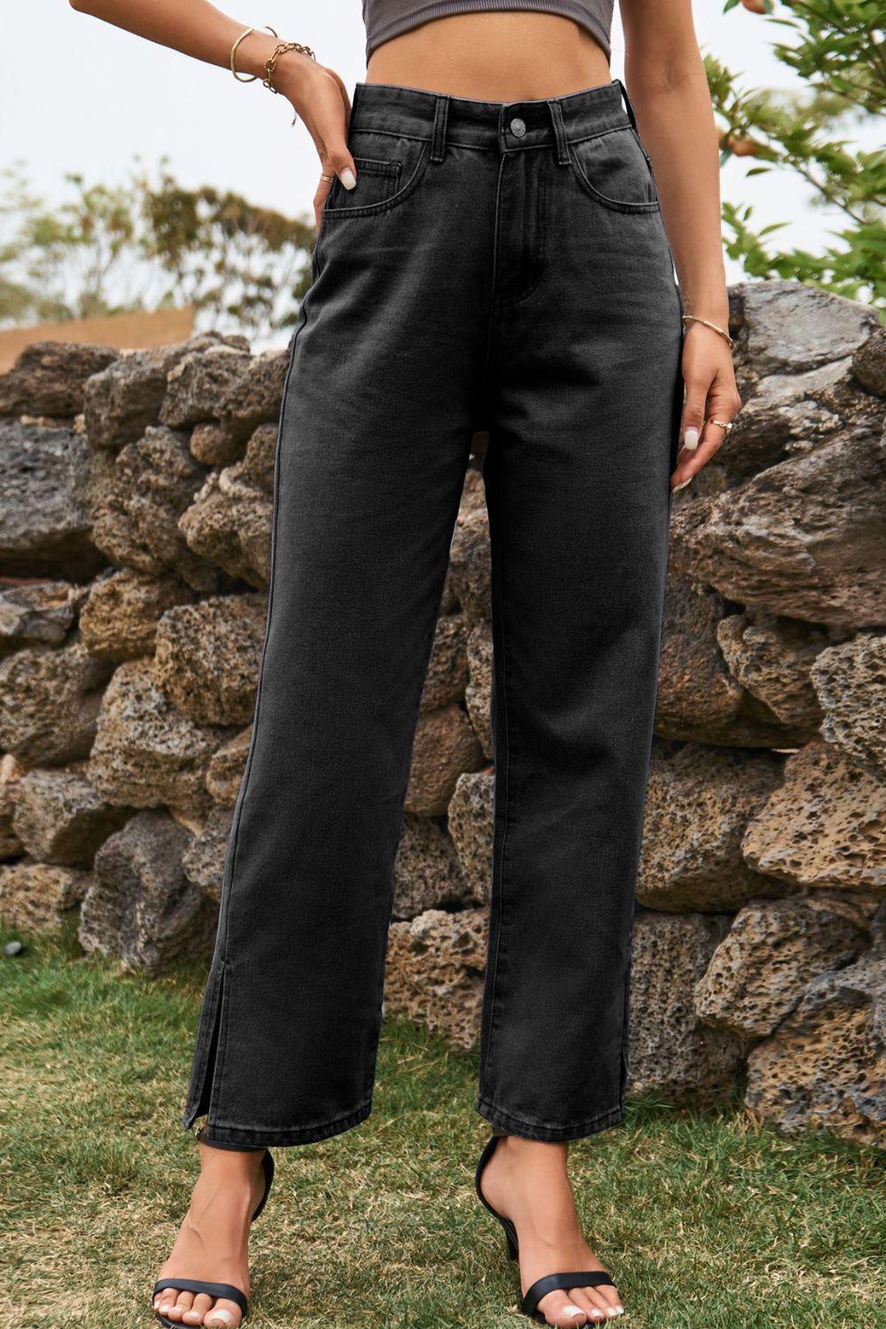 High Waist Loose Fit Ankle Slit Jeans BLUE ZONE PLANET