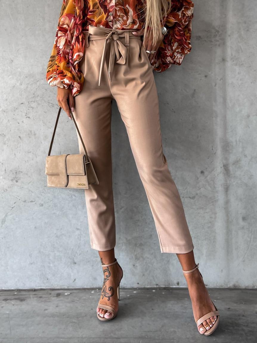 High Waist Tie Pu Leather Casual Pencil Pants iYoowe DropShipping