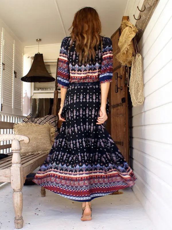 Holiday Cardigan Bohemian Single Breasted Printed Dress Long Skirt BLUE ZONE PLANET