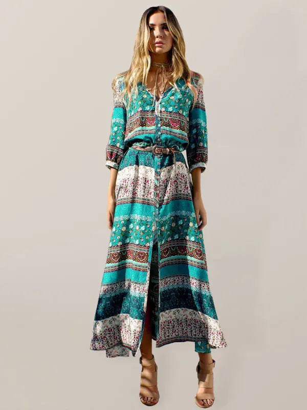 Holiday Cardigan Bohemian Single Breasted Printed Dress Long Skirt BLUE ZONE PLANET