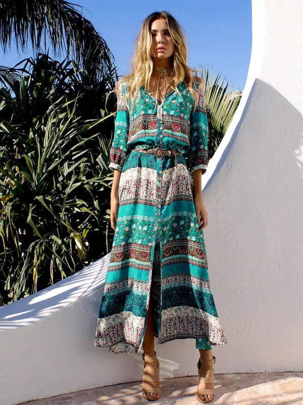 Holiday Cardigan Bohemian Single Breasted Printed Dress Long Skirt BLUE ZONE PLANET
