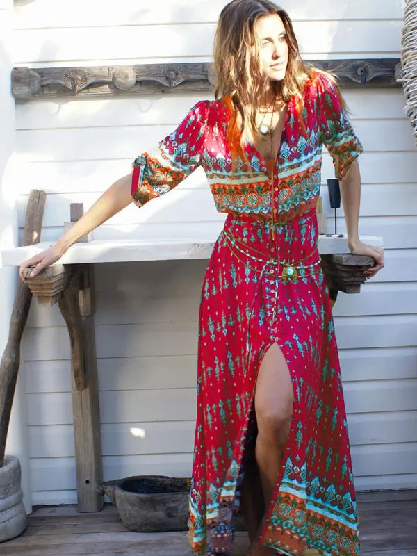 Holiday Cardigan Bohemian Single Breasted Printed Dress Long Skirt BLUE ZONE PLANET