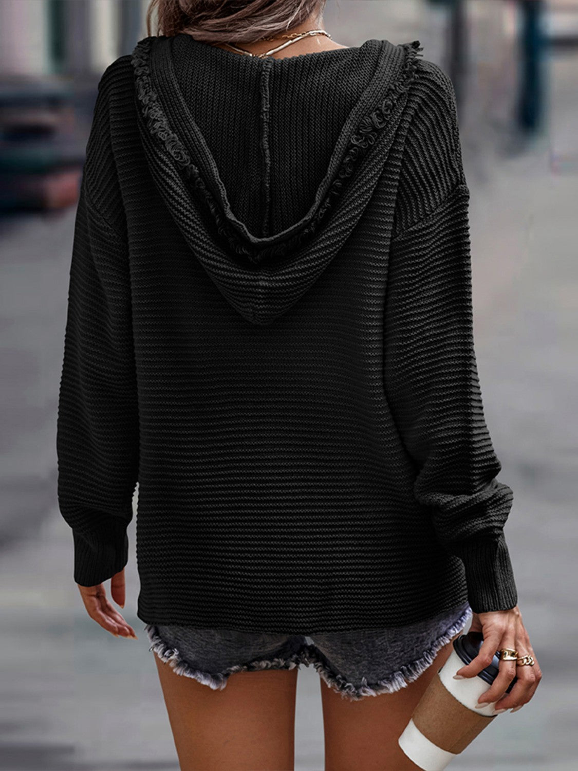 Horizontal Ribbing Hooded Sweater BLUE ZONE PLANET