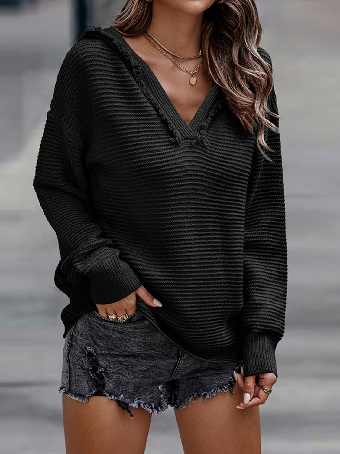Horizontal Ribbing Hooded Sweater BLUE ZONE PLANET