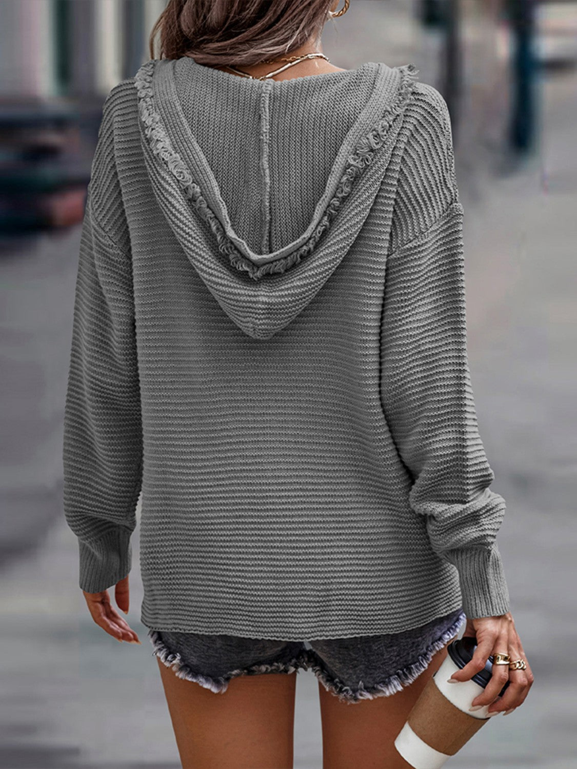 Horizontal Ribbing Hooded Sweater BLUE ZONE PLANET