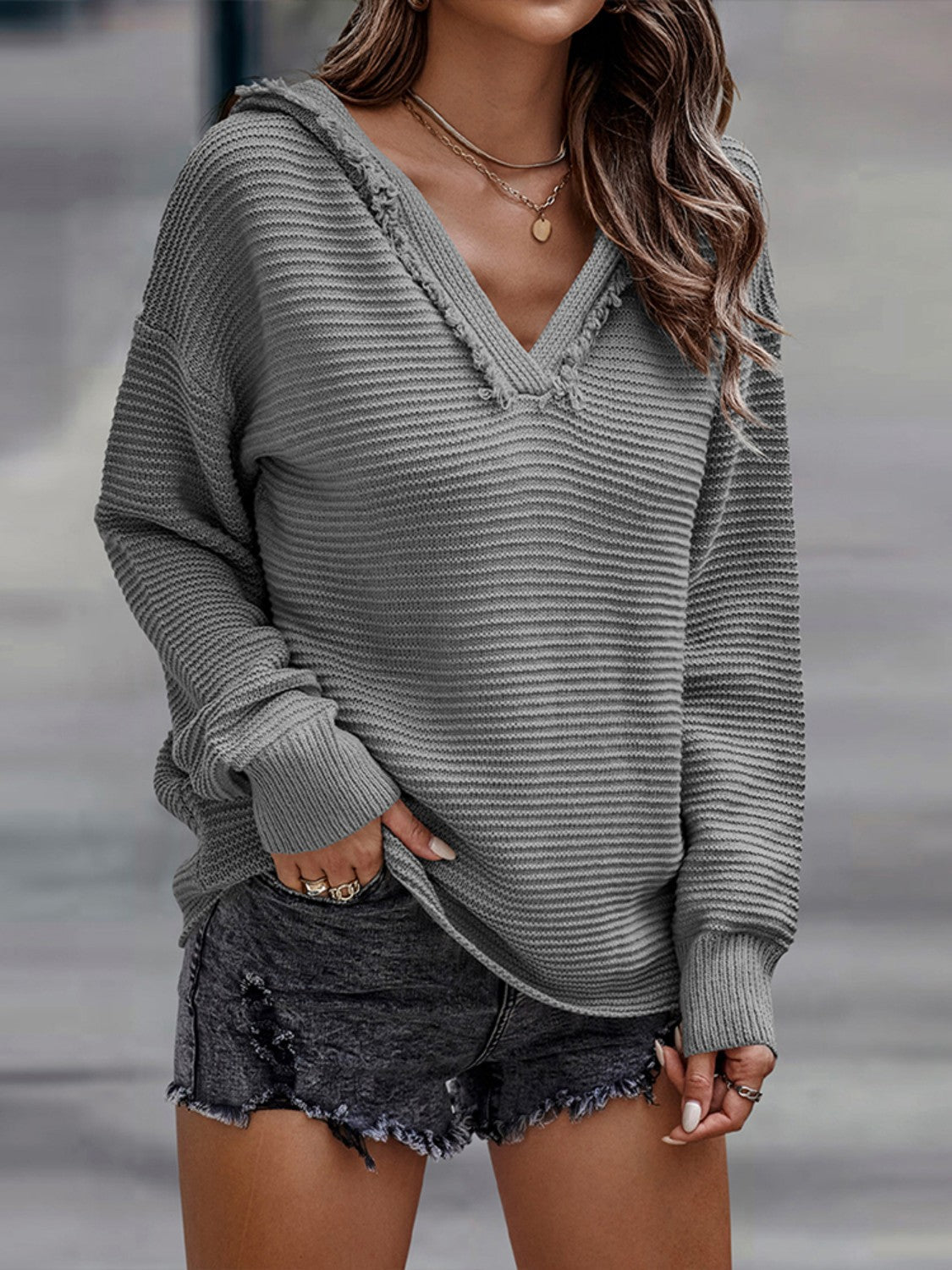 Horizontal Ribbing Hooded Sweater BLUE ZONE PLANET
