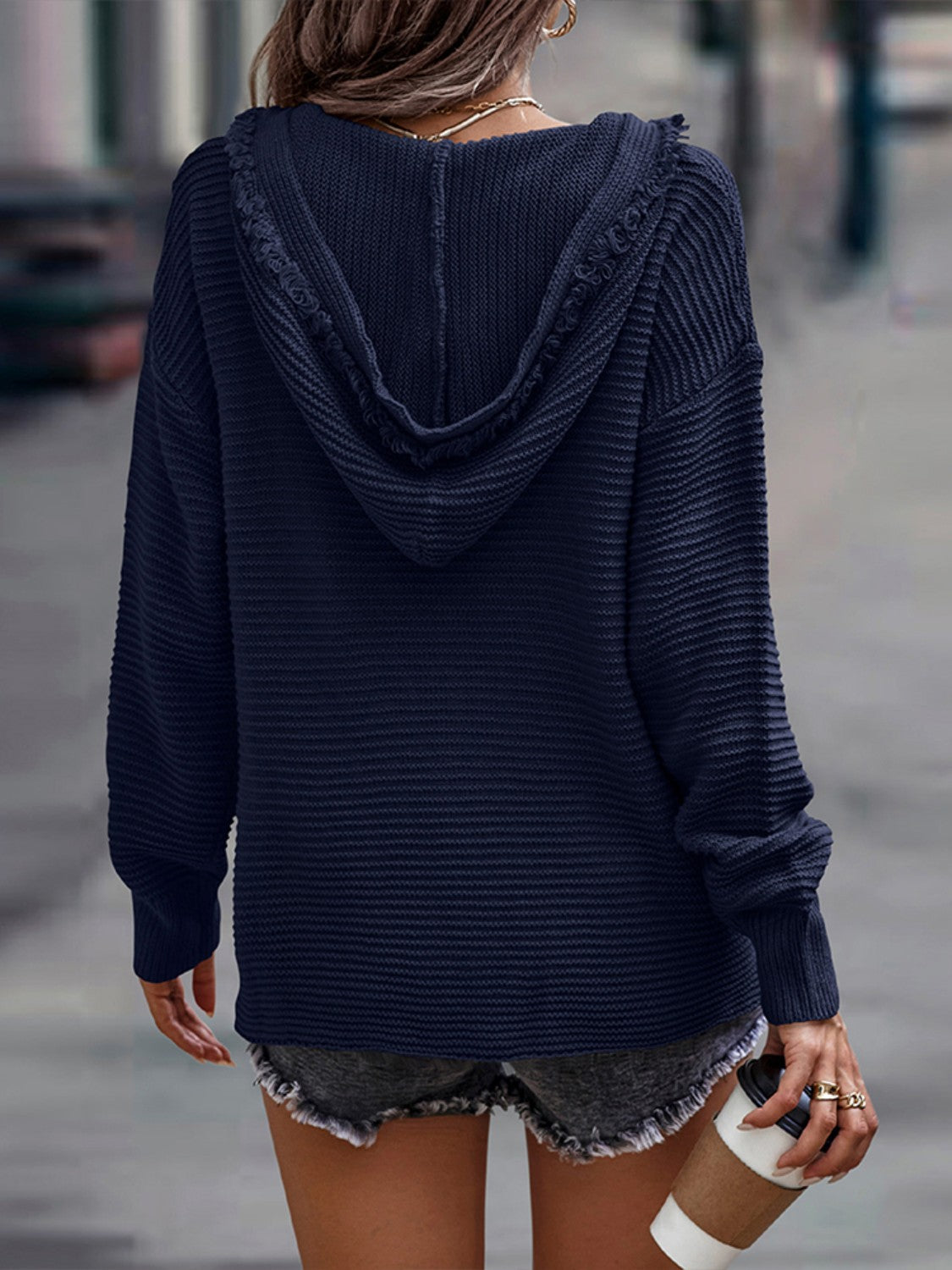 Horizontal Ribbing Hooded Sweater BLUE ZONE PLANET