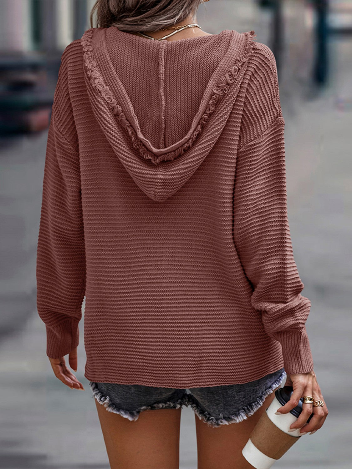 Horizontal Ribbing Hooded Sweater BLUE ZONE PLANET