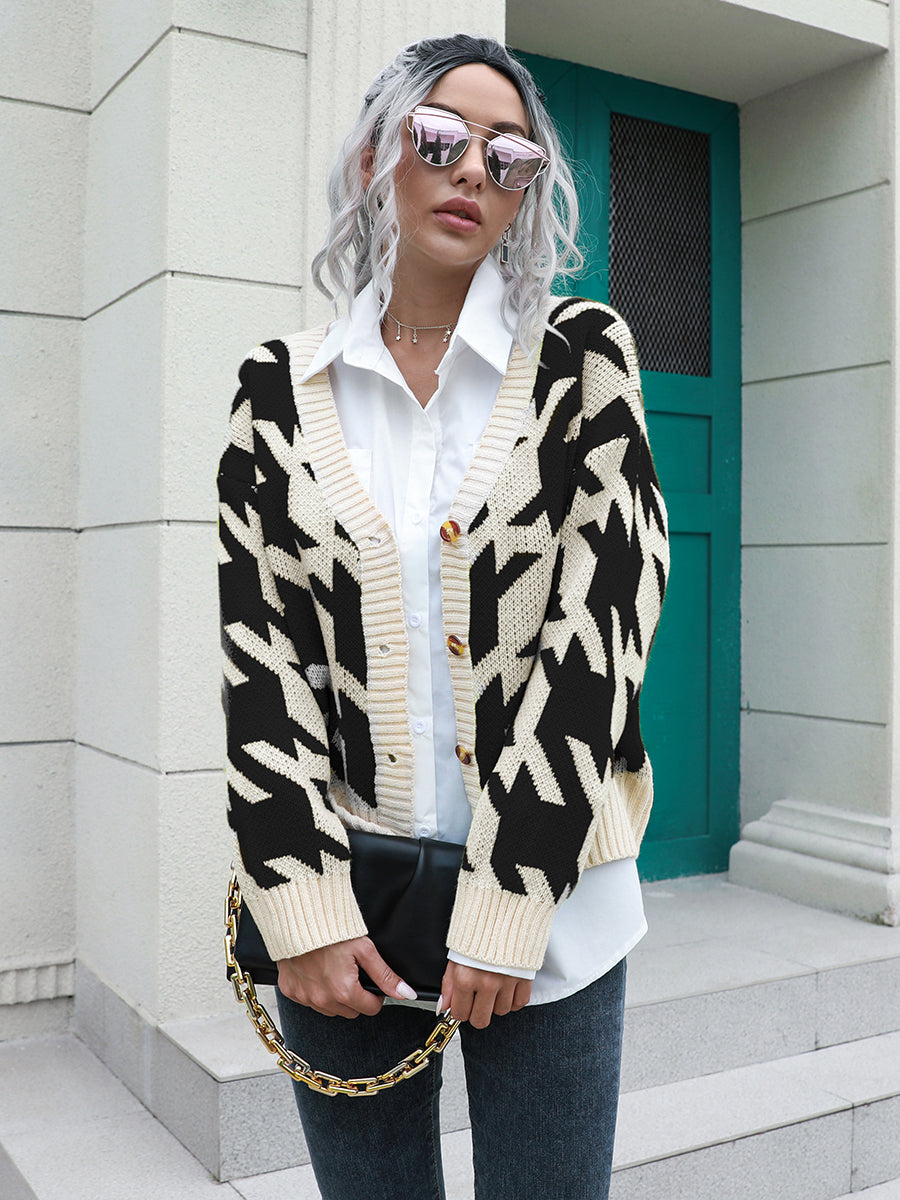 Houndstooth Button Down Cardigan BLUE ZONE PLANET