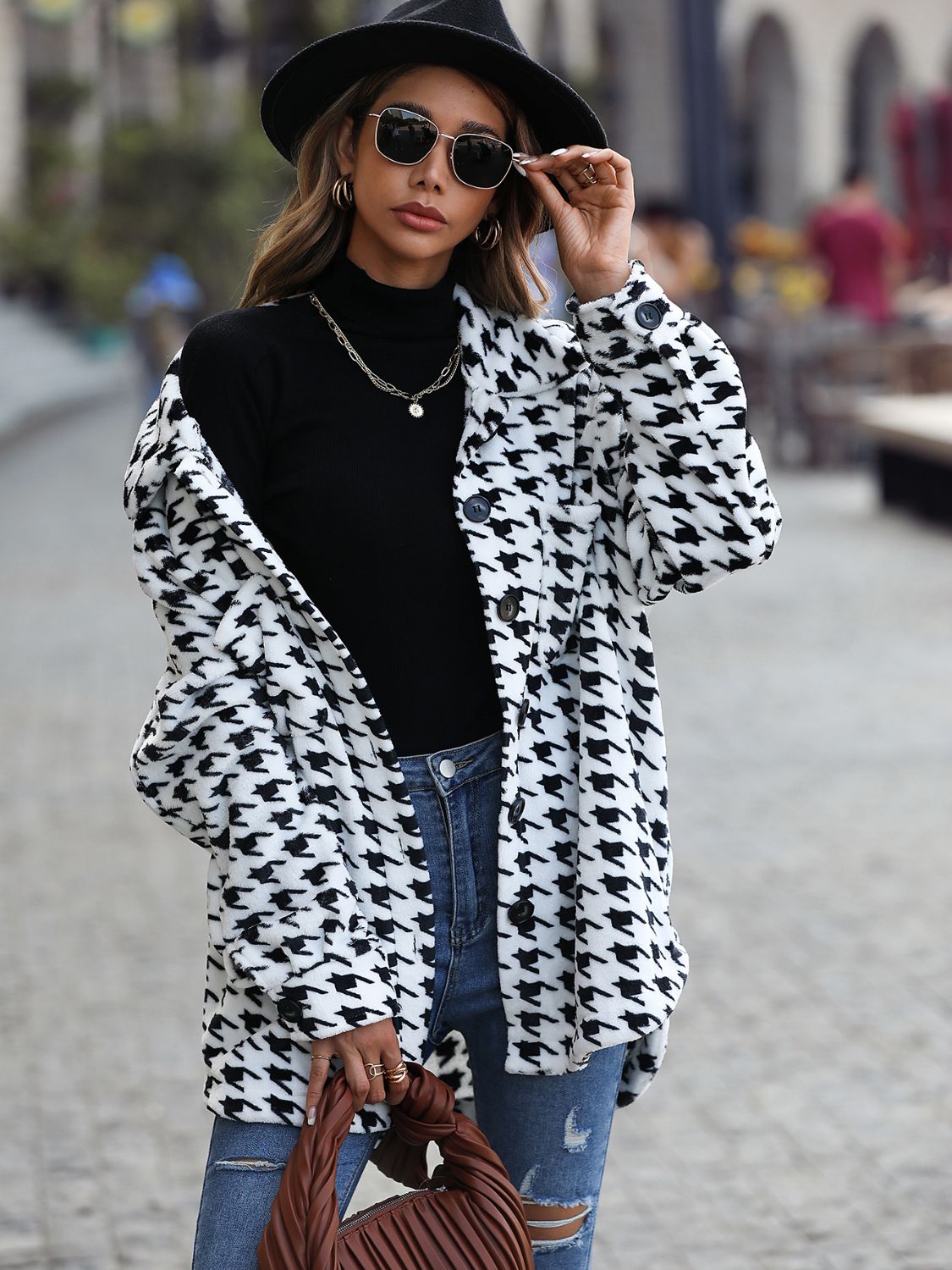 Houndstooth Button Down Jacket BLUE ZONE PLANET