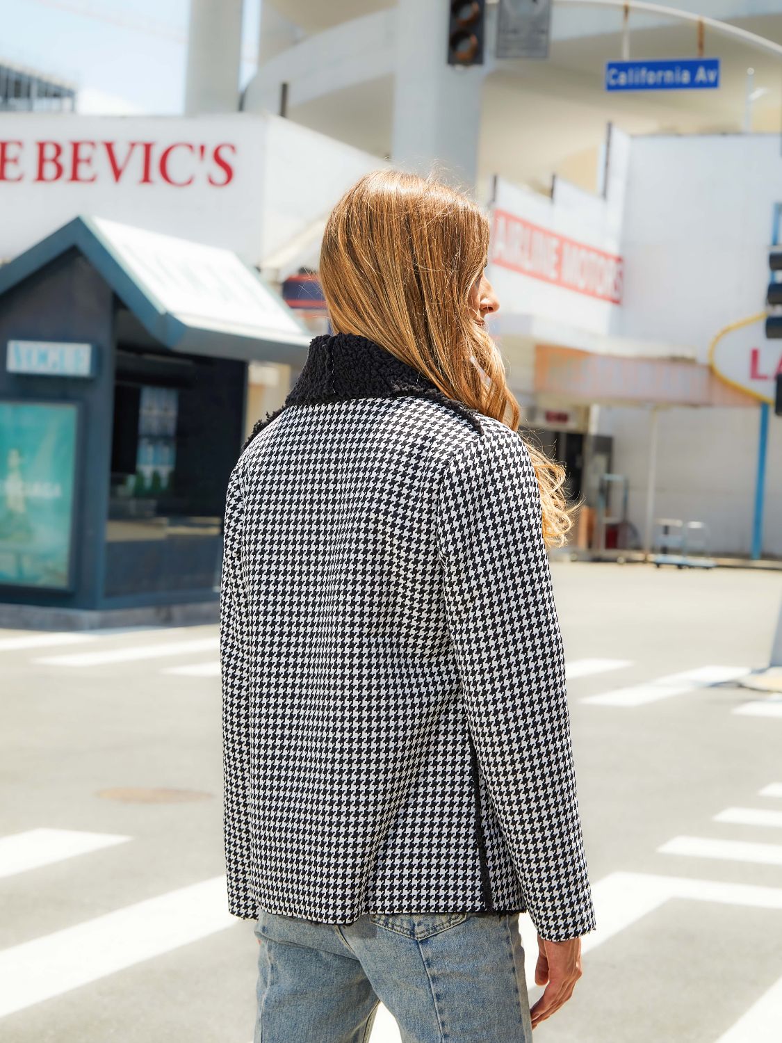 Houndstooth Open Front Long Sleeve Jacket BLUE ZONE PLANET