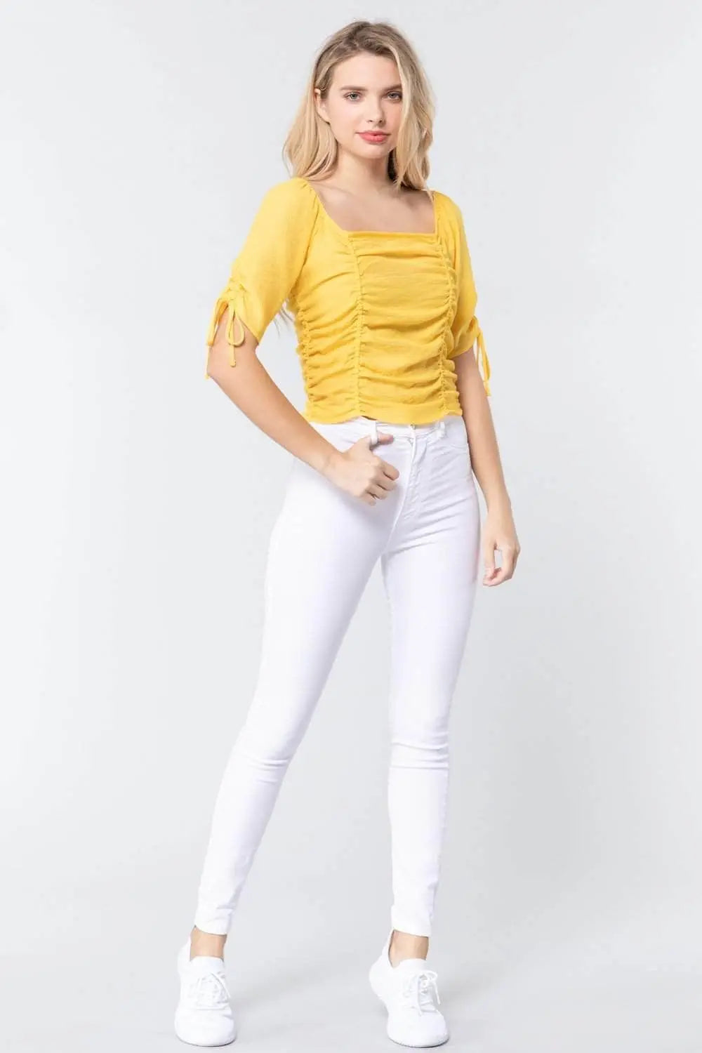 It's All In The Details Elbow Sleeve Smocked Ruched Woven Top Blue Zone Planet