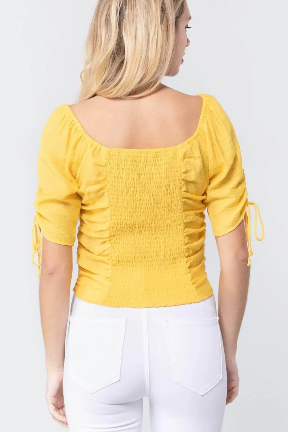 It's All In The Details Elbow Sleeve Smocked Ruched Woven Top Blue Zone Planet