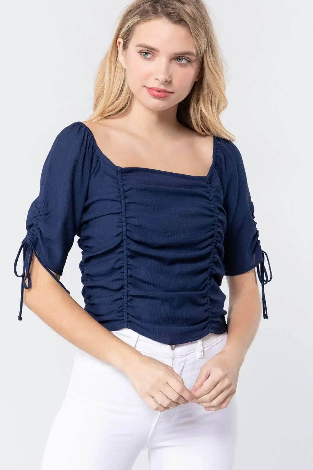 It's All In The Details Elbow Sleeve Smocked Ruched Woven Top Blue Zone Planet