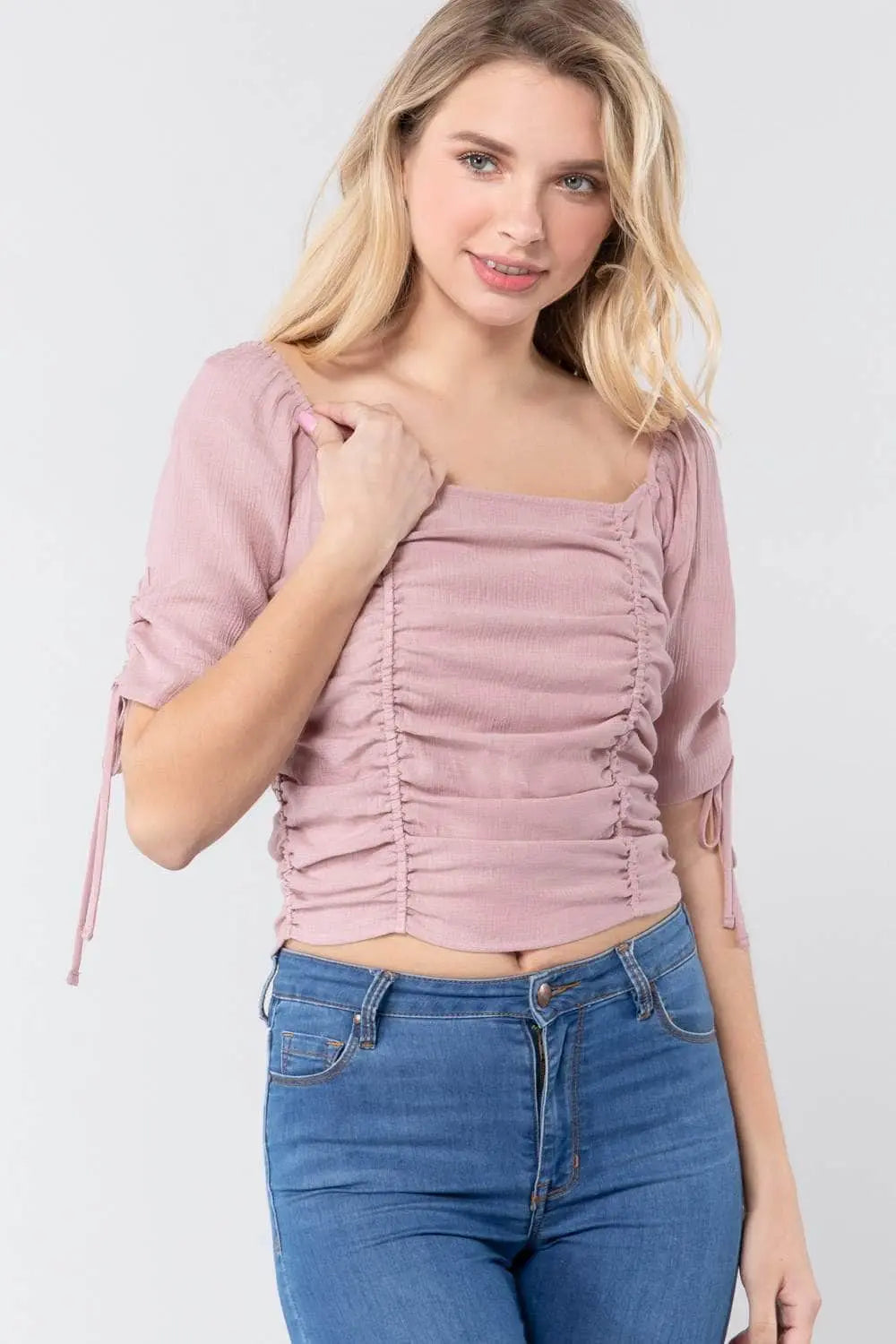 It's All In The Details Elbow Sleeve Smocked Ruched Woven Top Blue Zone Planet