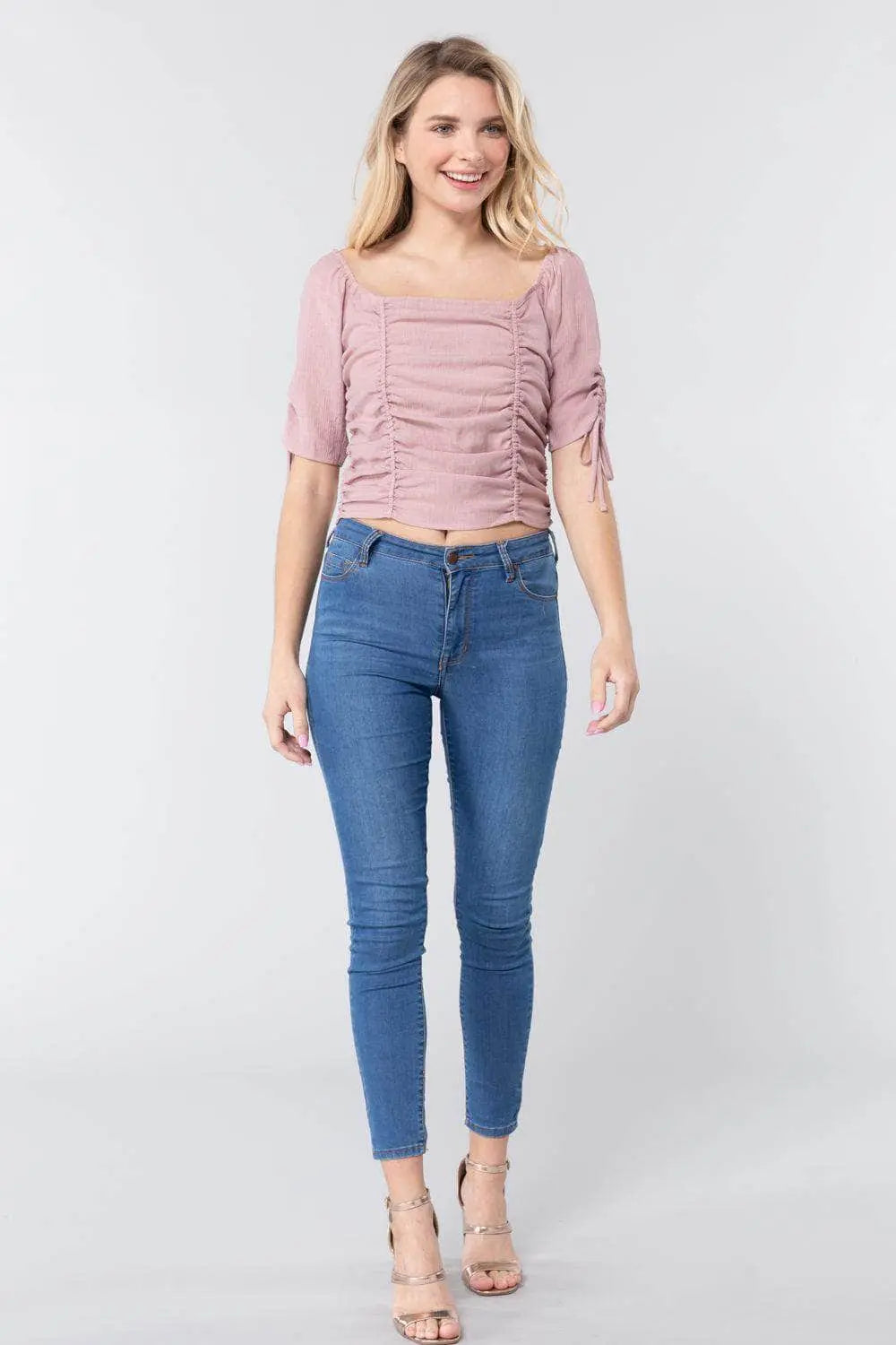 It's All In The Details Elbow Sleeve Smocked Ruched Woven Top Blue Zone Planet
