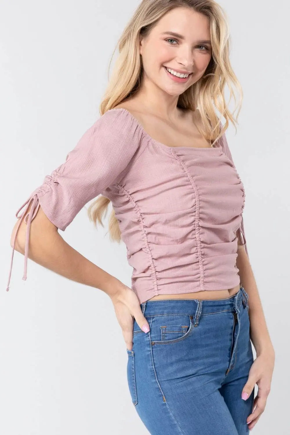 It's All In The Details Elbow Sleeve Smocked Ruched Woven Top Blue Zone Planet
