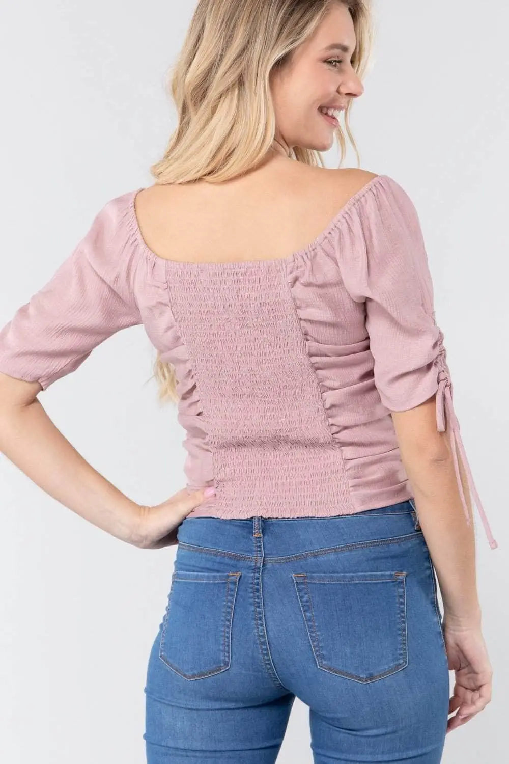 It's All In The Details Elbow Sleeve Smocked Ruched Woven Top Blue Zone Planet