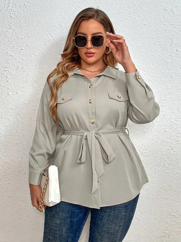 Ivy's Plus Size Tie Lapel Cardigan Shirt Jacket kakaclo