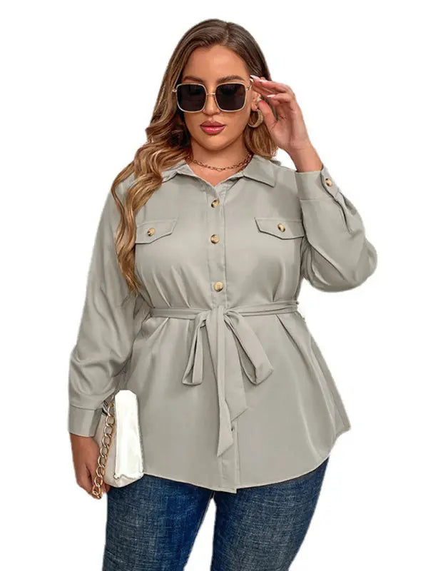 Ivy's Plus Size Tie Lapel Cardigan Shirt Jacket kakaclo