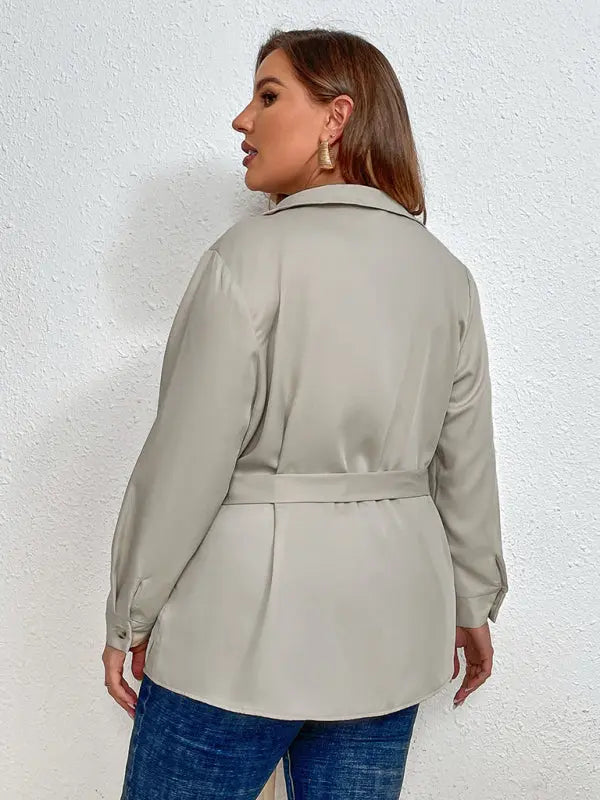 Ivy's Plus Size Tie Lapel Cardigan Shirt Jacket kakaclo
