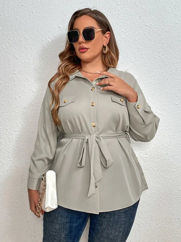 Ivy's Plus Size Tie Lapel Cardigan Shirt Jacket kakaclo