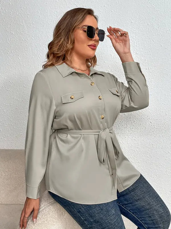 Ivy's Plus Size Tie Lapel Cardigan Shirt Jacket kakaclo