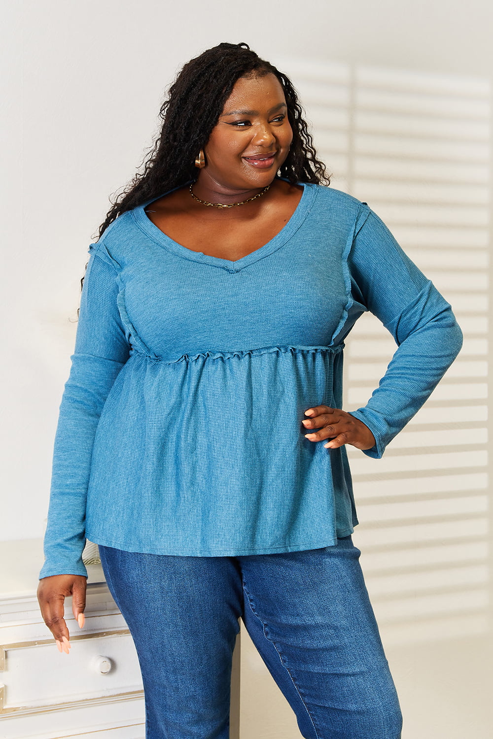 Jade By Jane Full Size Frill Trim Babydoll Blouse BLUE ZONE PLANET