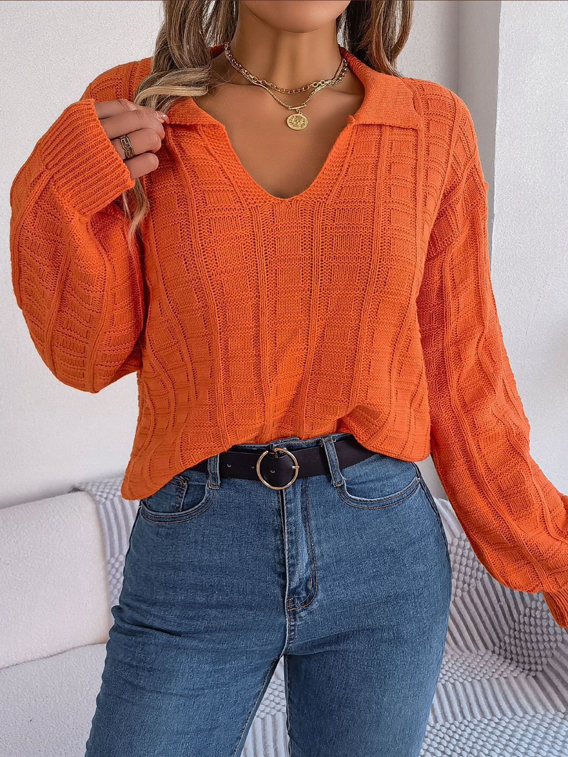 Johnny Collar Drop Shoulder Sweater BLUE ZONE PLANET