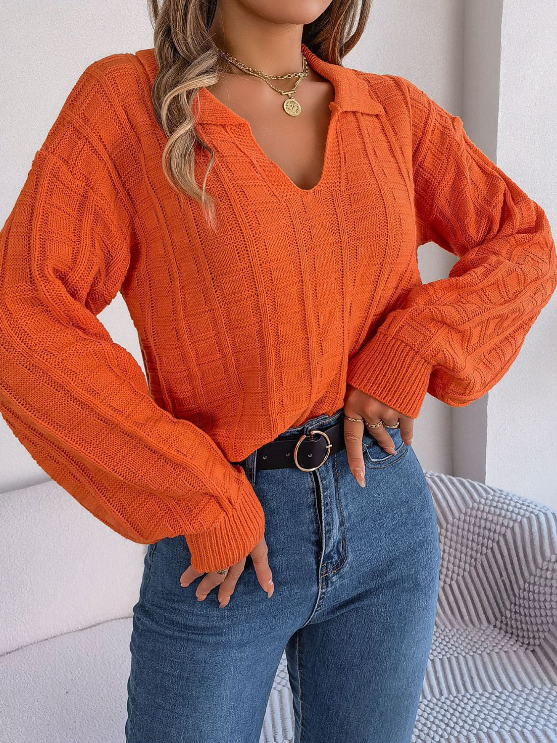Johnny Collar Drop Shoulder Sweater BLUE ZONE PLANET