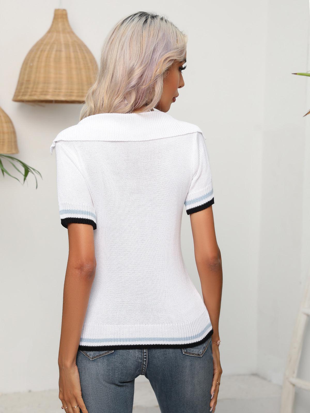 Johnny Collar Openwork Short Sleeve Knit Top BLUE ZONE PLANET