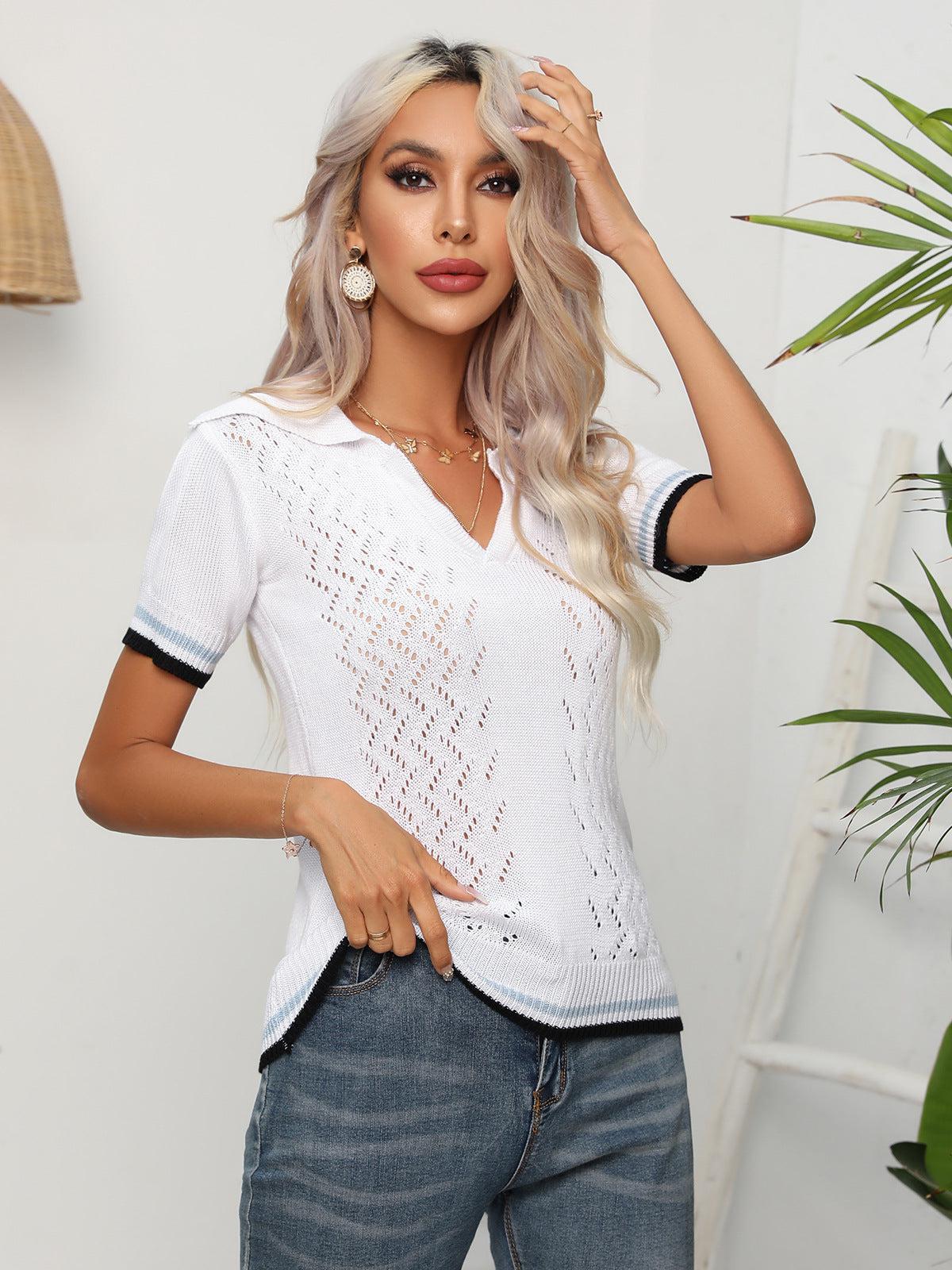 Johnny Collar Openwork Short Sleeve Knit Top BLUE ZONE PLANET