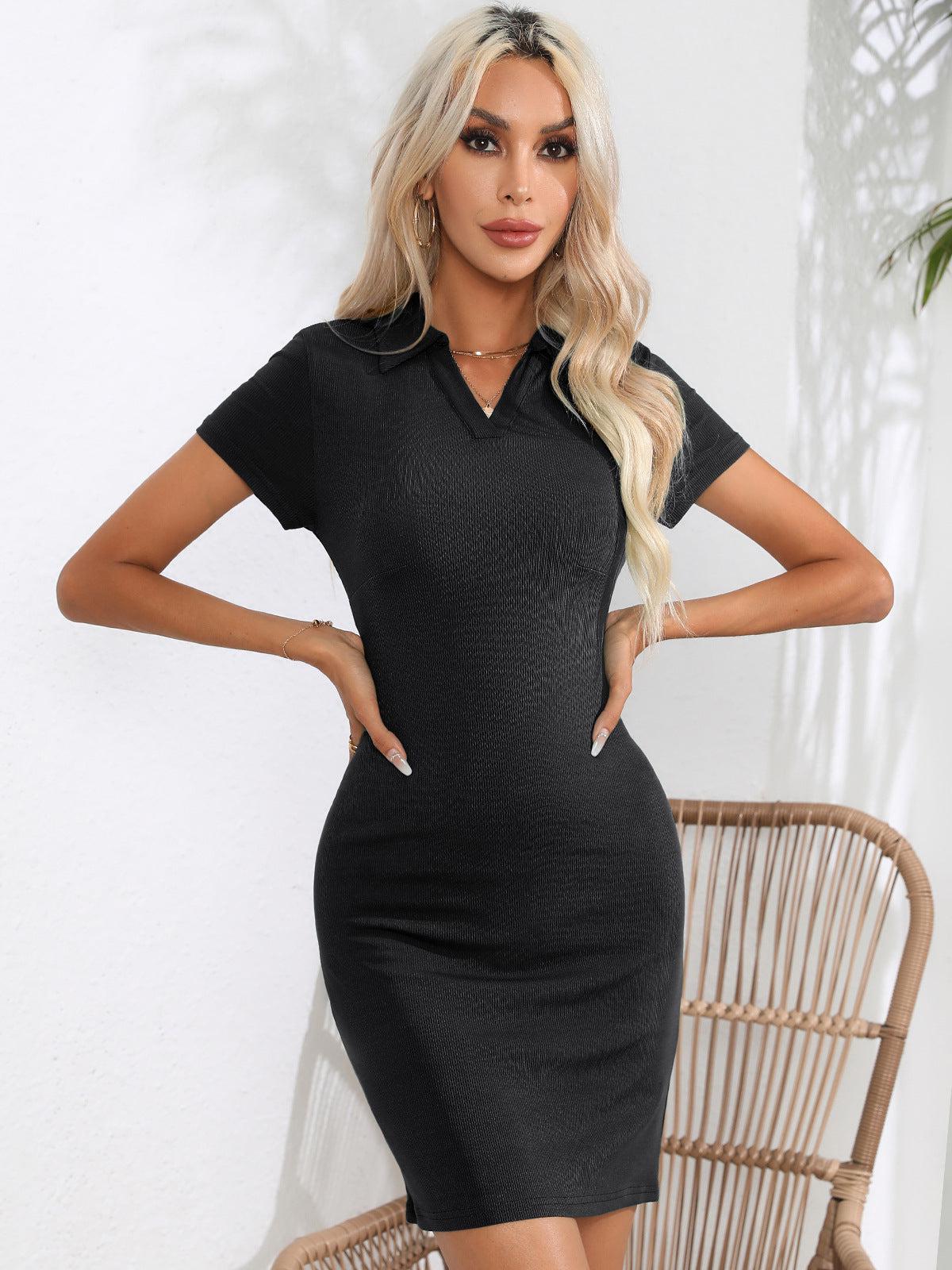 Johnny Collar Short Sleeve Bodycon Dress BLUE ZONE PLANET